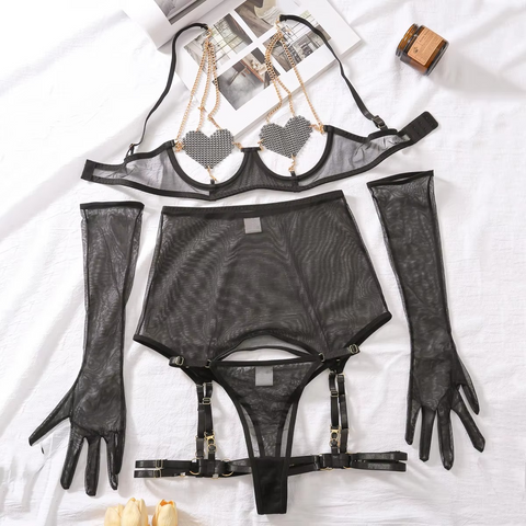 Three-Point Heart Patch Chain Lingerie Set
