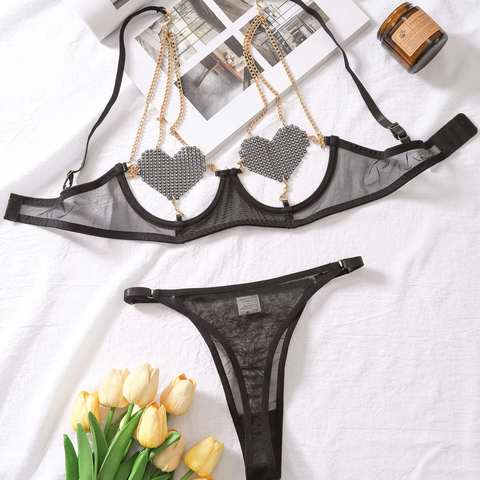 Three-Point Heart Patch Chain Lingerie Set
