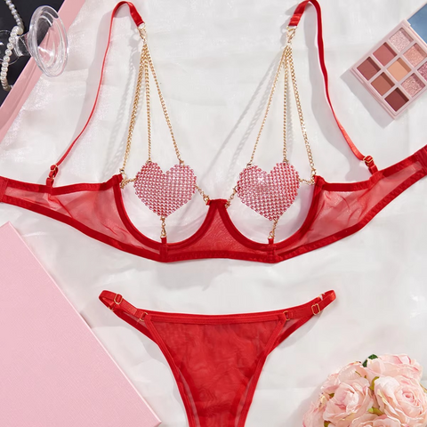Three-Point Heart Patch Chain Lingerie Set