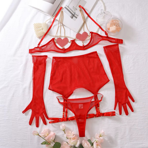 Three-Point Heart Patch Chain Lingerie Set