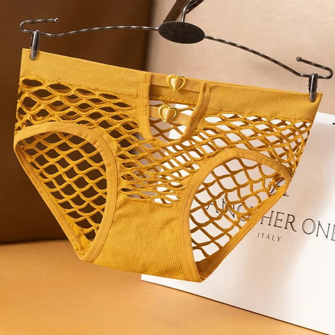 Openwork Mesh Fishnet Heart Metal Buckle Low Waist Underwear