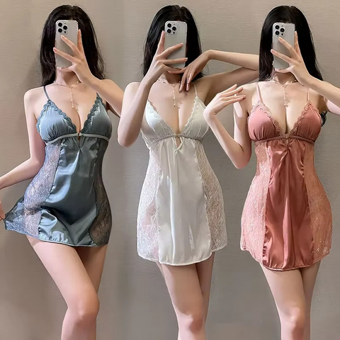 2PCs Silk Mesh V‑Neck Sleepwear Set