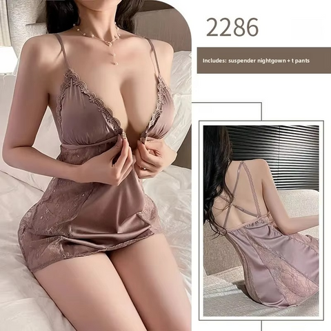 2PCs Silk Mesh V‑Neck Sleepwear Set