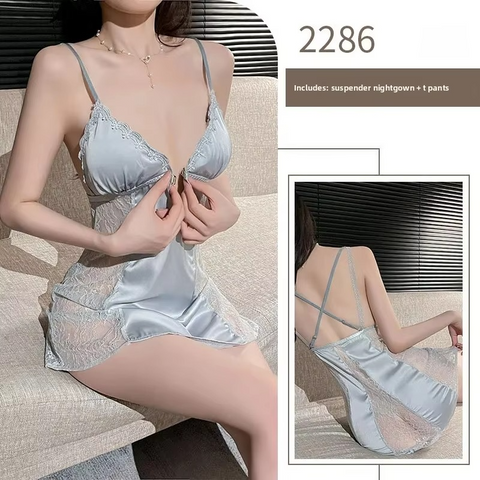 2PCs Silk Mesh V‑Neck Sleepwear Set