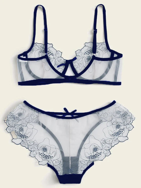 Three-Point See-Through Flower Design Bra & Panty Set