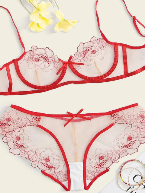 Three-Point See-Through Flower Design Bra & Panty Set