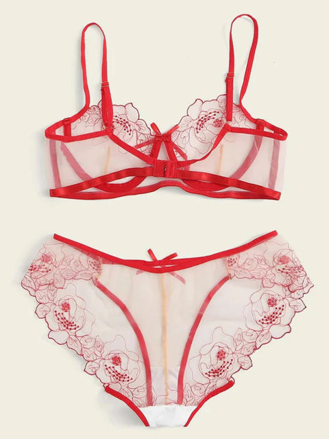 Three-Point See-Through Flower Design Bra & Panty Set