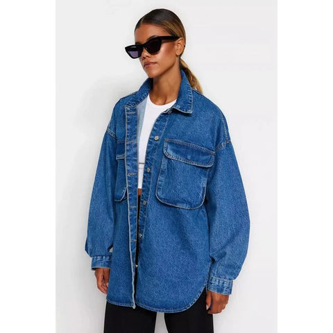 Baggy Style Trendy Cargo Pocket Denim Shirt for Women