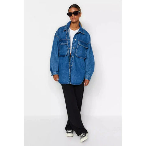 Baggy Style Trendy Cargo Pocket Denim Shirt for Women