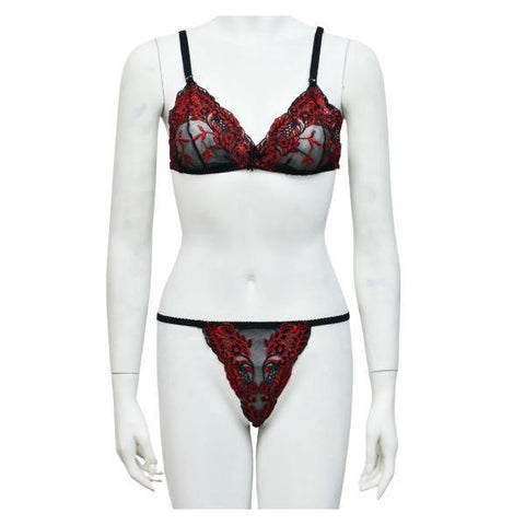 Women's Embroidered See-Through Net Bra & Panty Set – Non-Padded